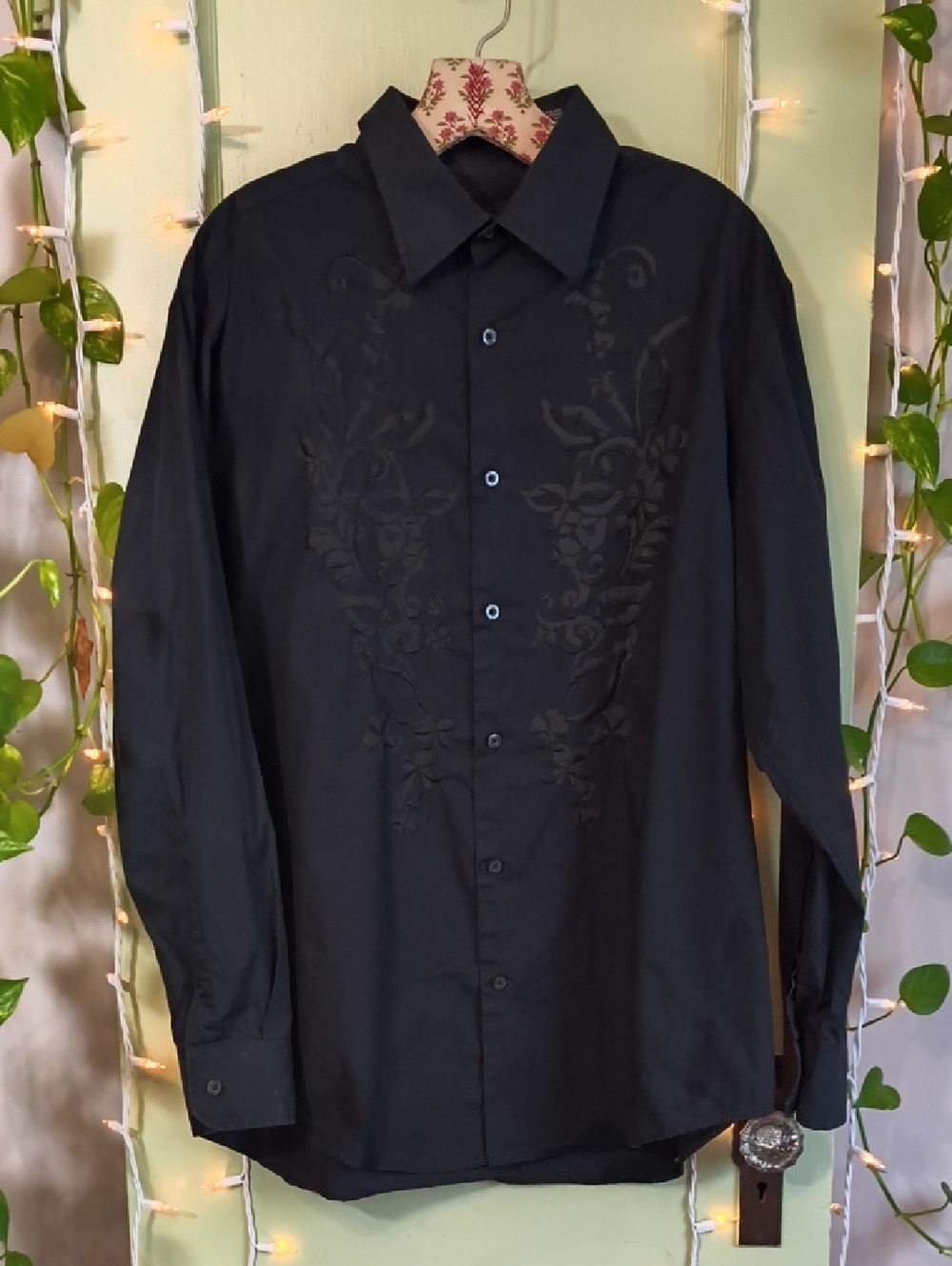 Men's Alfani Black Floral Stitched Layer Texture Button Up Dress Shirt L
